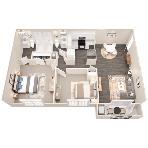 Floor plan for 2 beds, 2 baths, 950 sqft